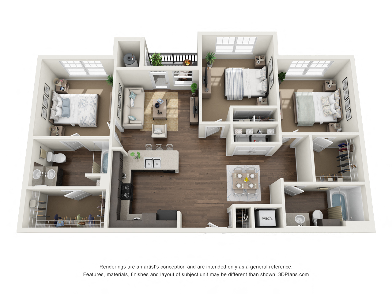 Floor plan for 3 beds, 2 baths, 1145 sqft